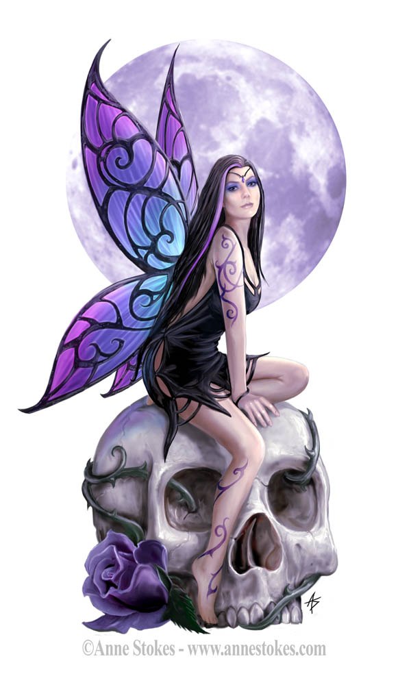 Attractive 3D Fairy On Skull With Rose And Full Moon Tattoo Design By Anne Stokes