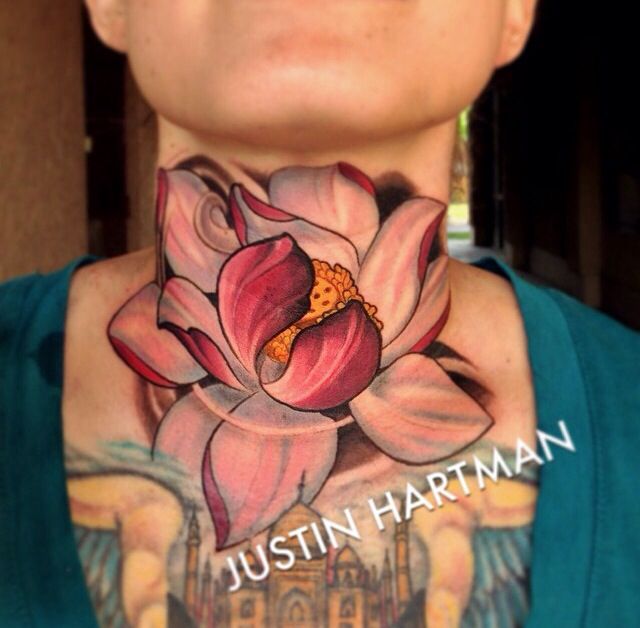 Attractive 3D Lotus Flower Tattoo On Neck by Justin Hartman