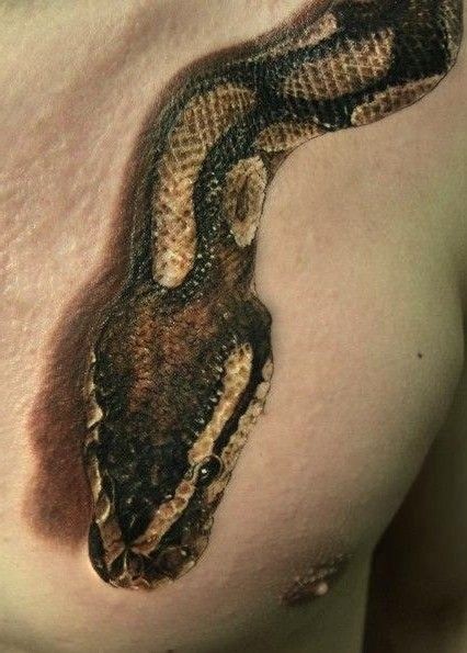 Attractive 3D Realistic Snake Head Tattoo On Man Left Front Shoulder