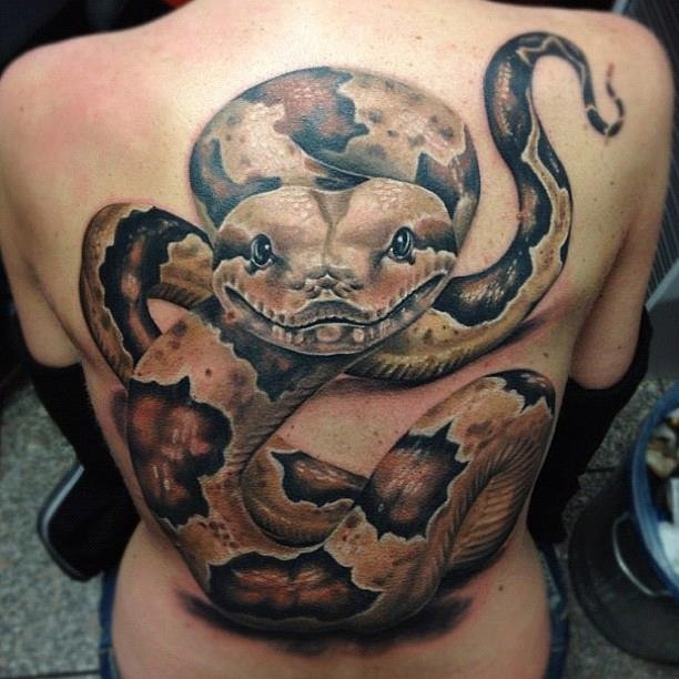 Attractive 3D Realistic Snake Tattoo On Full Back
