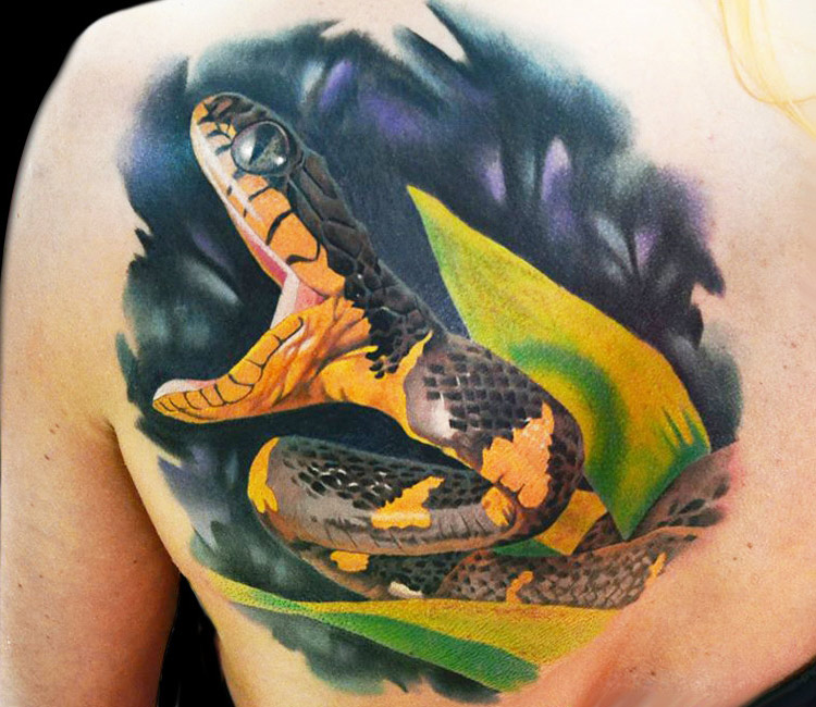 Attractive 3D Realistic Snake Tattoo On Man Left Back Shoulder
