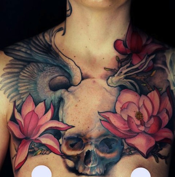 Attractive 3D Skull With Japanese Lotus Tattoo On Collarbone