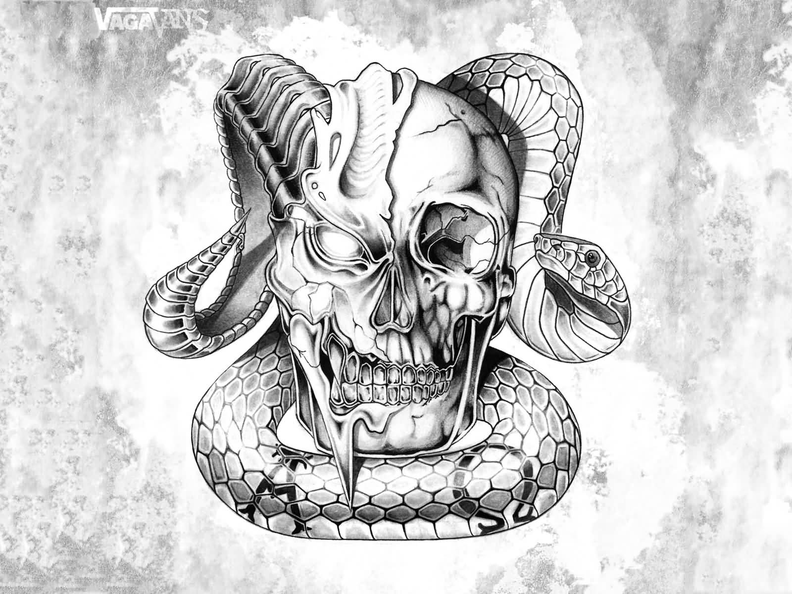 Attractive Black And Grey 3D Snake With Skull Tattoo Design
