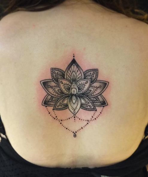 Attractive Black And Grey Lotus Flower Tattoo On Girl Upper Back By Rachelle Downs