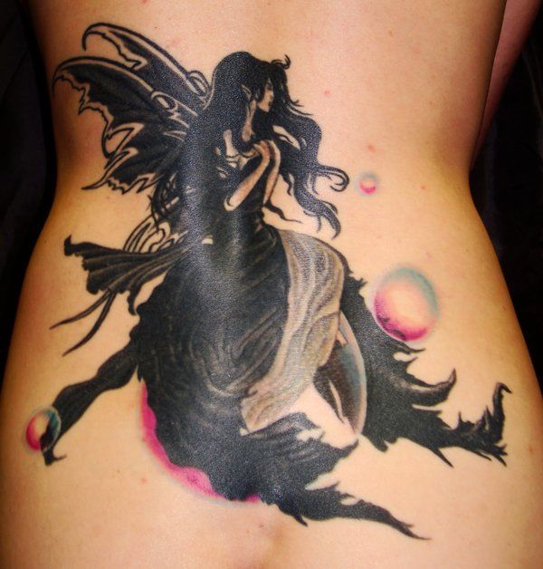 Attractive Black Ink Fairy Tattoo On Full Back