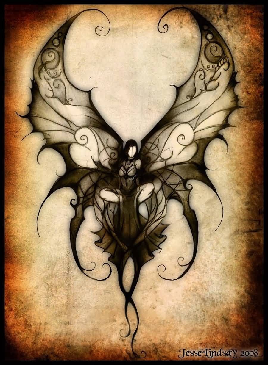 Attractive Black Ink Gothic Fairy Tattoo Design By Acarakic94