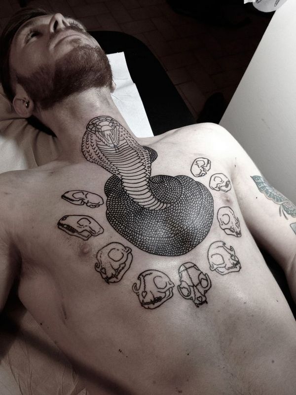 Attractive Black Ink Snake Tattoo On Man Chest