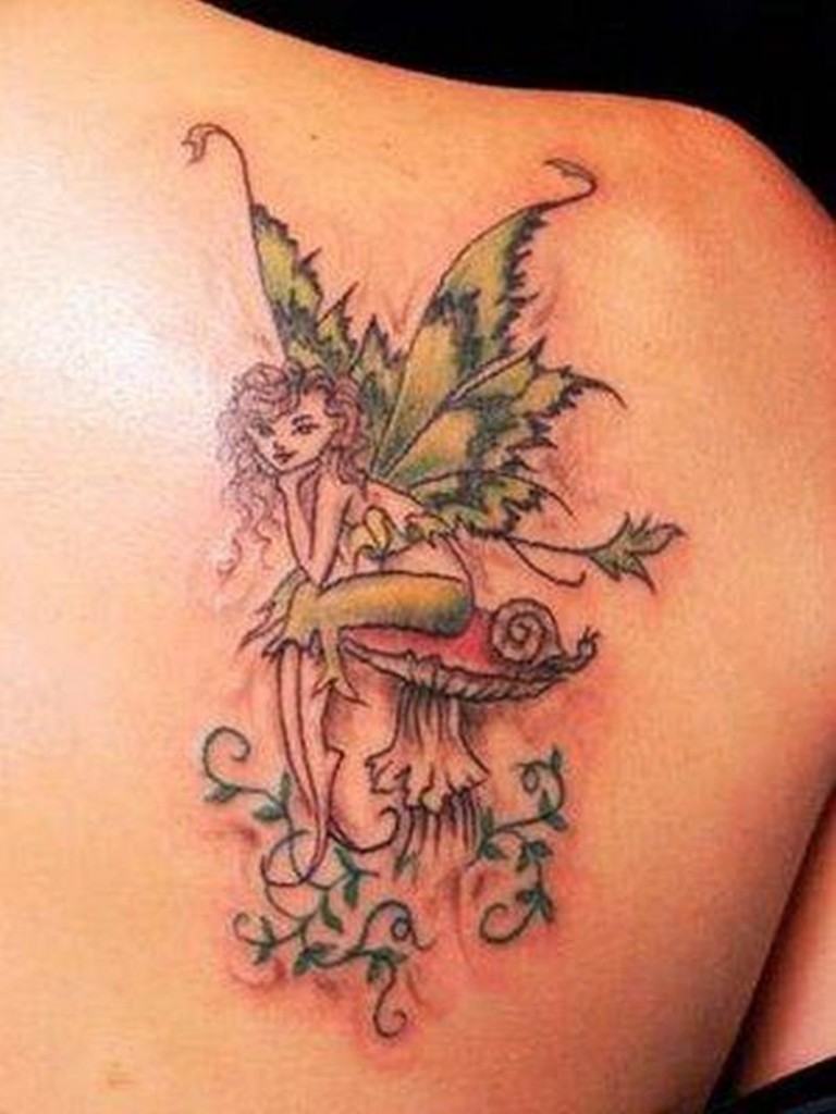 Attractive Colorful Fairy On Mushroom Tattoo On Right Back Shoulder
