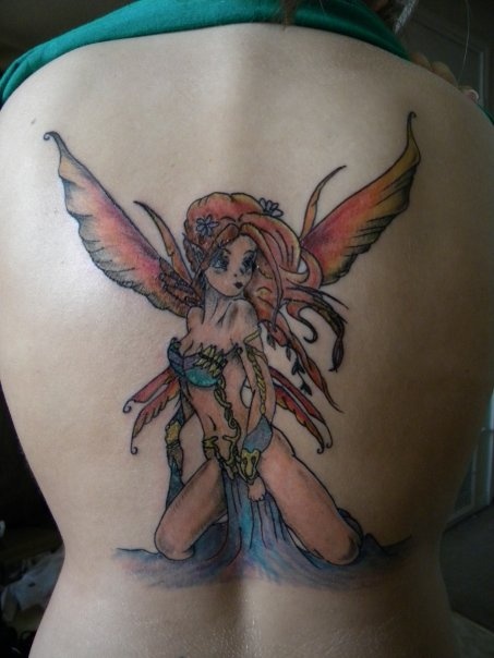 Attractive Colorful Fairy Tattoo On Full Back