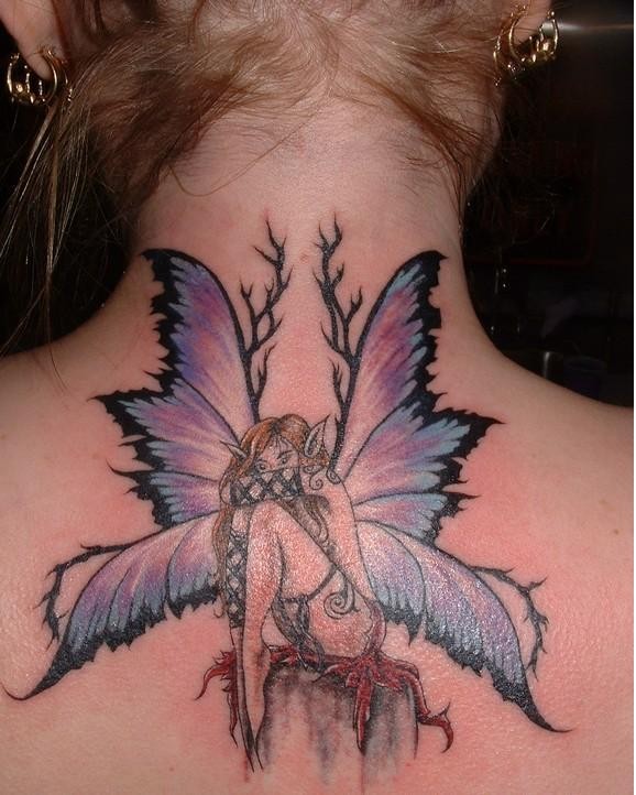 Attractive Colorful Fairy Tattoo On Girl Back Neck