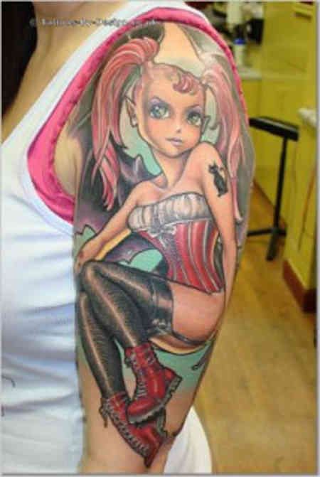 Attractive Colorful Fairy Tattoo On Girl Left Half Sleeve