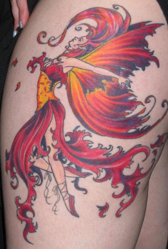 Attractive Colorful Fairy Tattoo On Girl Left Side Thigh