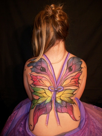 Attractive Colorful Fairy Wings Tattoo On Full Back