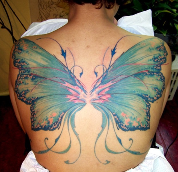 Attractive Colorful Fairy Wings Tattoo On Full Back