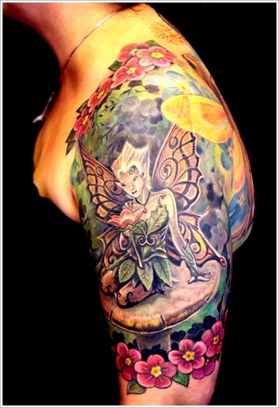 Attractive Colorful Fairy With Flowers Tattoo On Women Left Half Sleeve