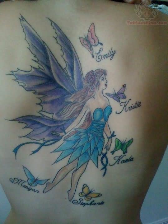 Attractive Colorful Fairy With Flying Butterflies Tattoo On Full Back