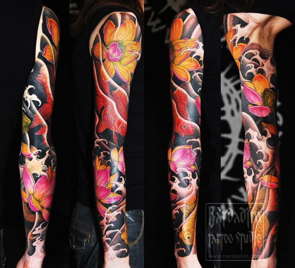 Attractive Colorful Lotus Flowers Tattoo On Full Sleeve