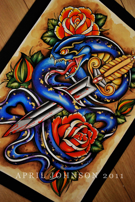 Attractive Colorful Snake With Dagger And Roses Tattoo Design