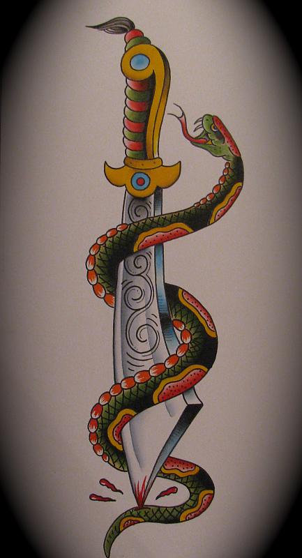 Attractive Colorful Snake With Dagger Tattoo Design