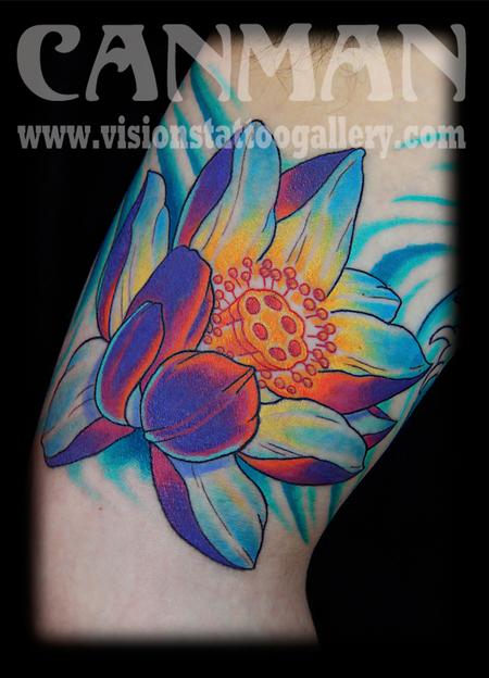 Attractive Colorful Traditional Lotus Flower Tattoo Design For Half Sleeve