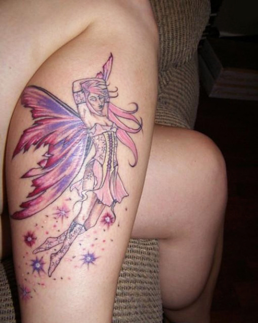 Attractive Cute Fairy Tattoo On Right Leg