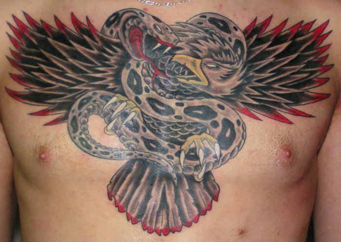Attractive Eagle With Snake Tattoo On Man Chest By Robert Franke