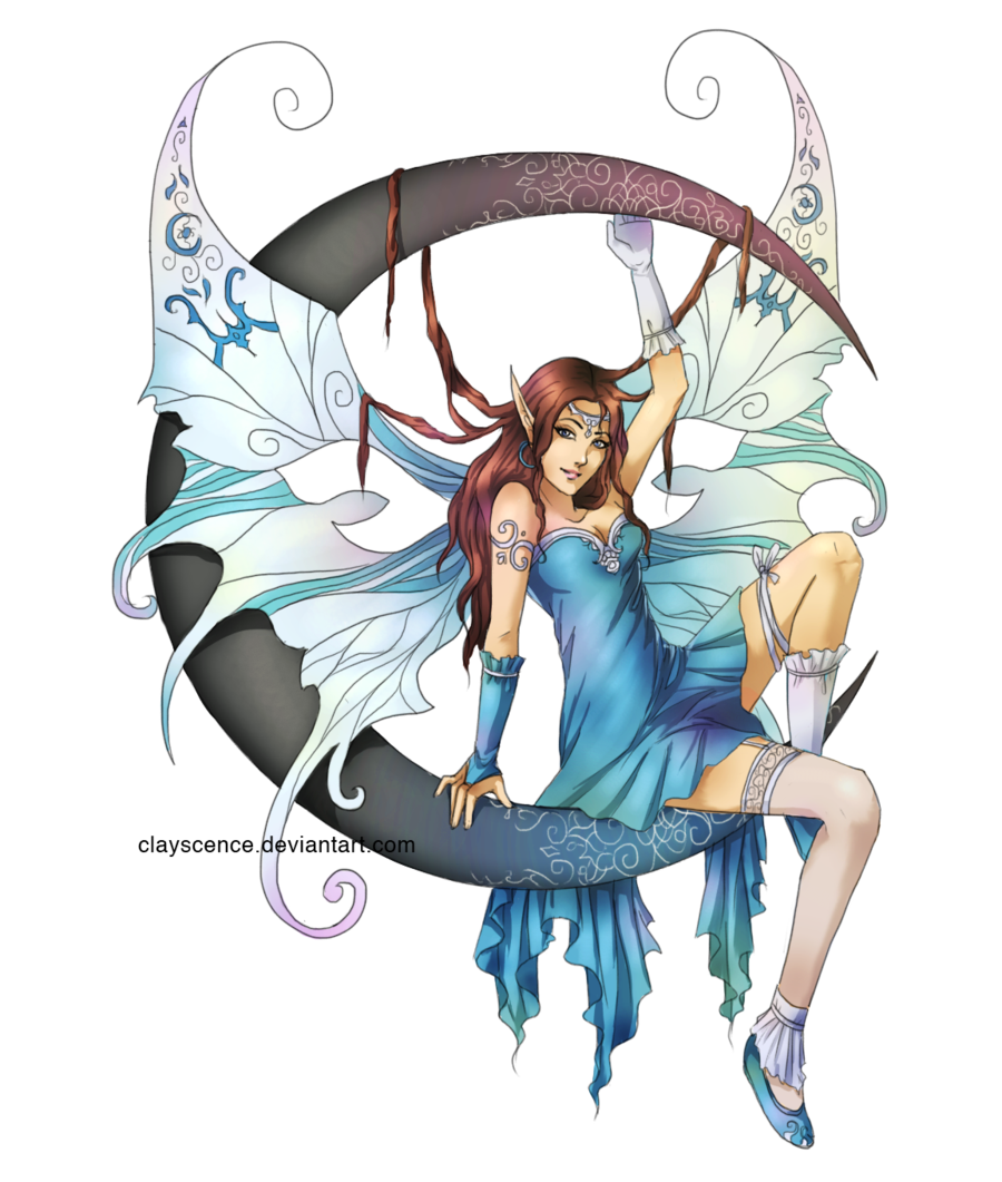 Attractive Fairy On Half Moon Tattoo Design By Clayscence