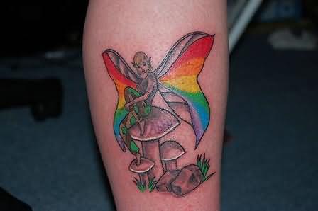 Attractive Fairy On Mushroom Tattoo Design For Leg