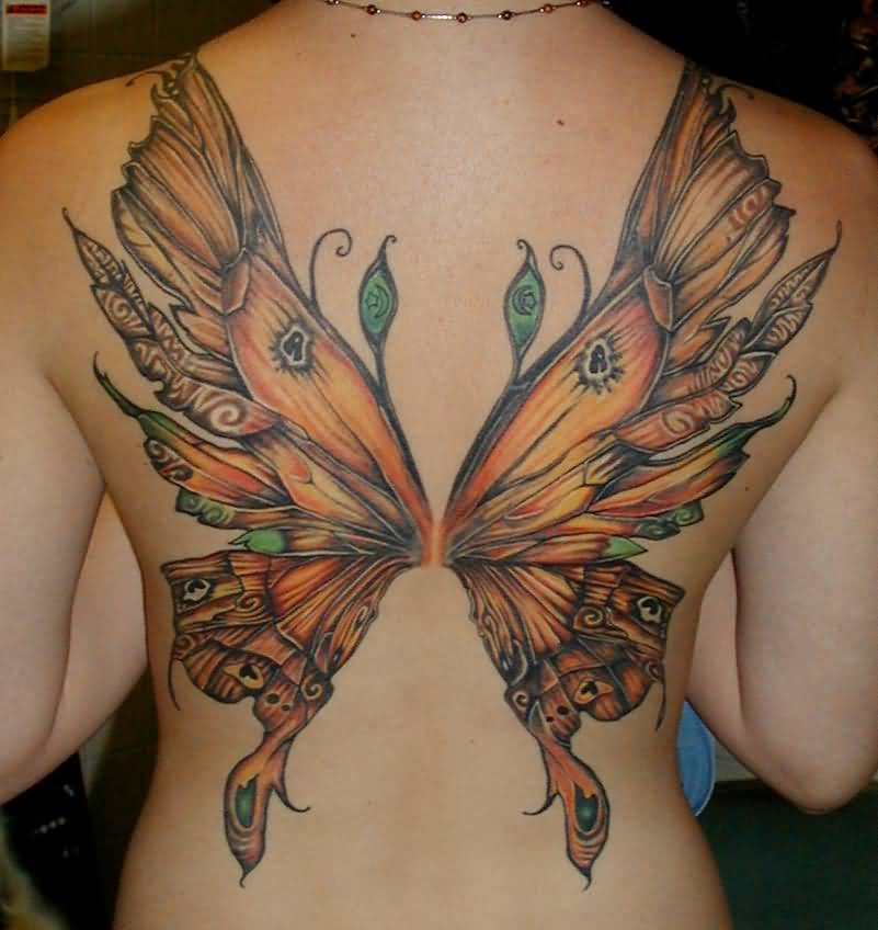 Attractive Fairy Wings Tattoo On Girl Back