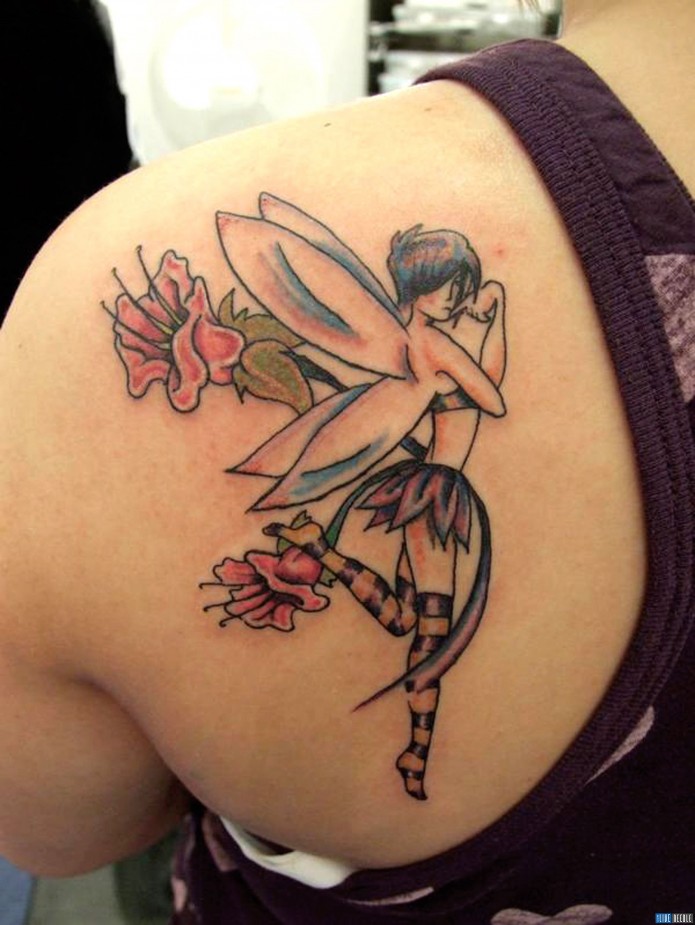 Attractive Fairy With Flowers Tattoo On Girl Left Back Shoulder