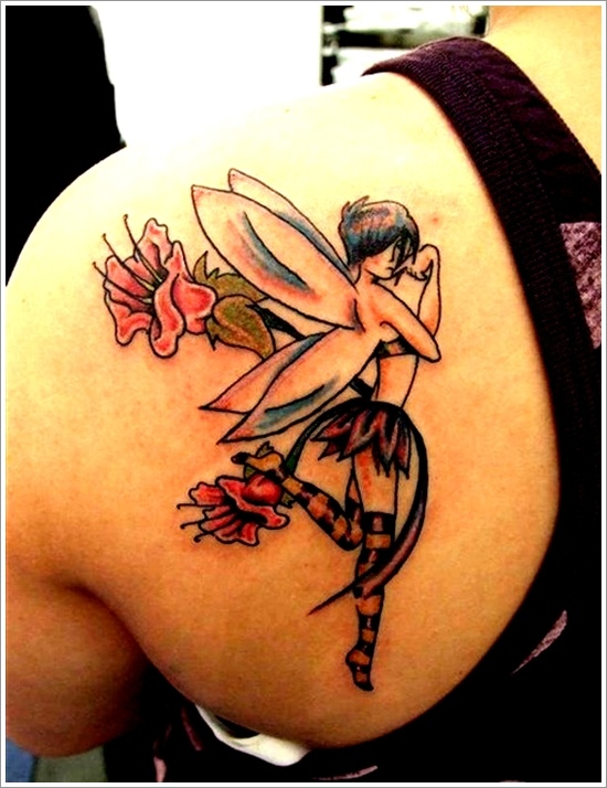 Attractive Fairy With Flowers Tattoo On Left Back Shoulder