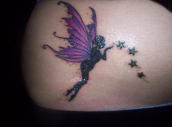 Attractive Flying Fairy With Stars Tattoo On Right Side Rib