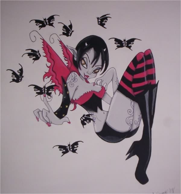 Attractive Gothic Fairy With Butterflies Tattoo Design