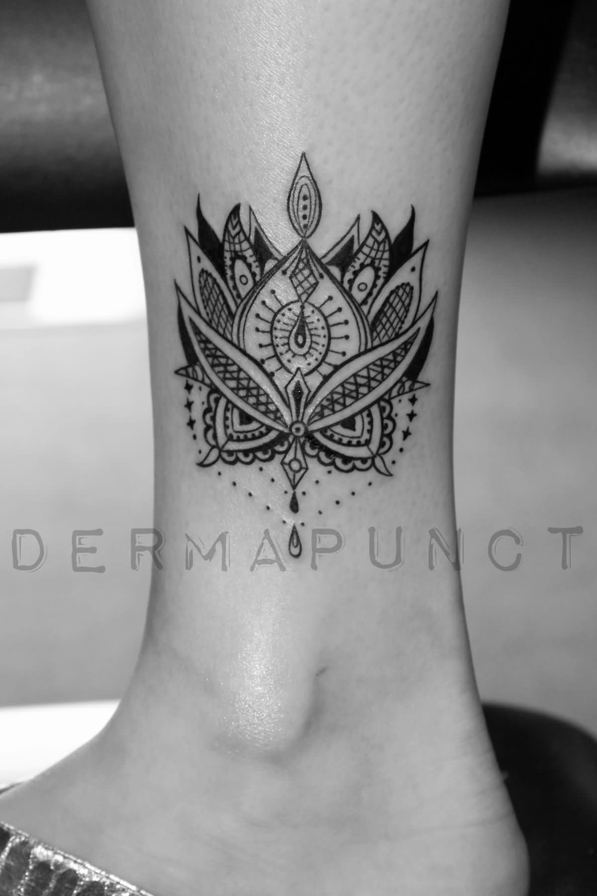 Attractive Henna Lotus Tattoo On Left Leg by DERMAPUNCT