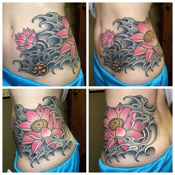 Attractive Japanese Lotus Flowers Tattoo On Girl Left Side Rib By Mark Merchant