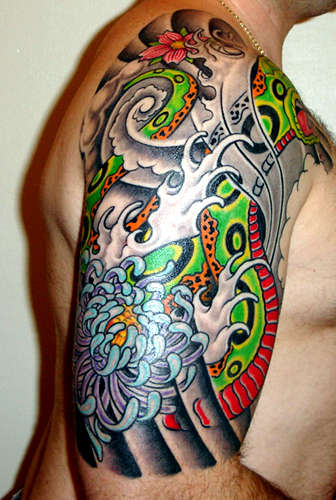 Attractive Japanese Snake With Flowers Tattoo On Right Half Sleeve