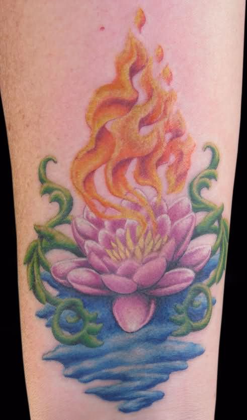 Attractive Lotus Flower In Water Tattoo Design For Sleeve