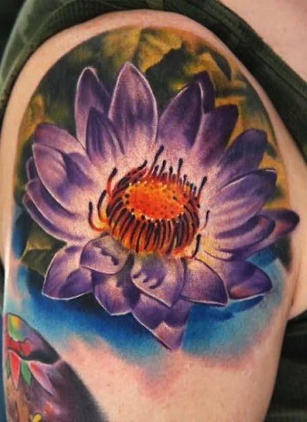 Attractive Lotus Flower Tattoo On Right Shoulder