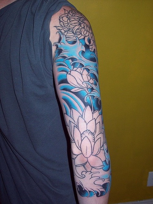 Attractive Lotus Flowers Tattoo On Man Right Full Sleeve