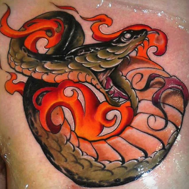 Attractive Neo Traditional Snake Tattoo On Right Chest