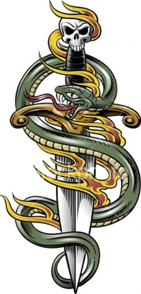 Attractive Snake With Dagger Tattoo Design
