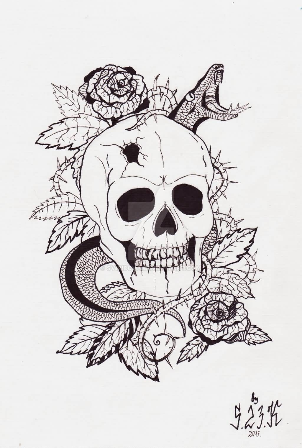 Attractive Snake With Skull And Roses Tattoo Design