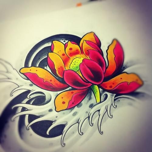 Attractive Traditional Lotus Flower Tattoo Design