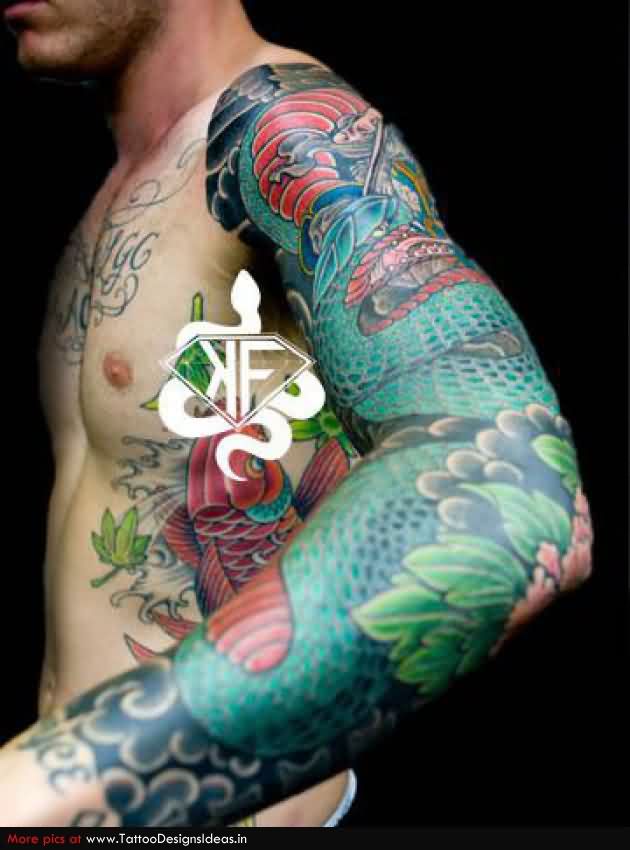 Attractive Traditional Snake Tattoo On Man Left Full Sleeve
