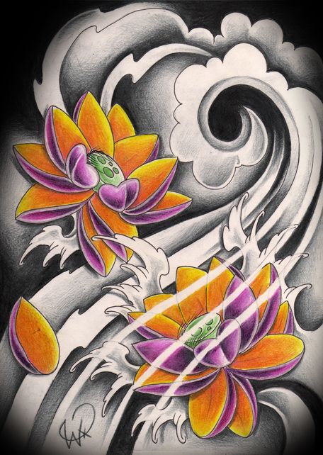 Attractive Two Japanese Lotus Flowers Tattoo Design
