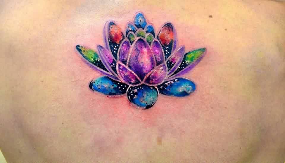 Attractive Watercolor Lotus Flower Tattoo Design For Upper Back