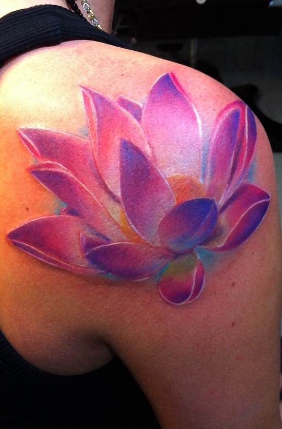 Awesome 3D Lotus Flower Tattoo On Right Shoulder