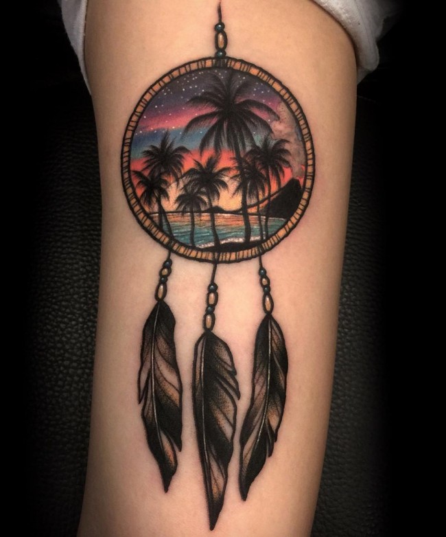 Awesome Beach View In Dreamcatcher Tattoo On Arm