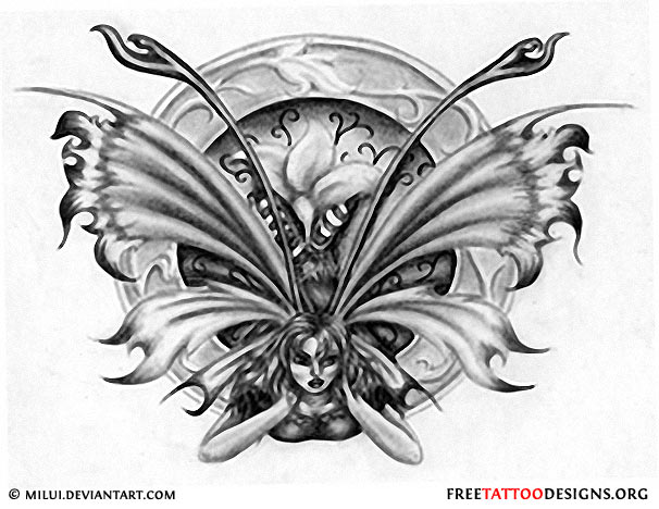 Awesome Black And Grey Gothic Fairy Tattoo Design