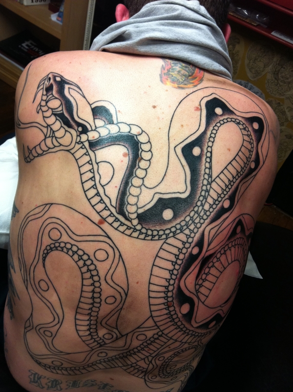 Awesome Black Ink Snake Tattoo On Man Full Back